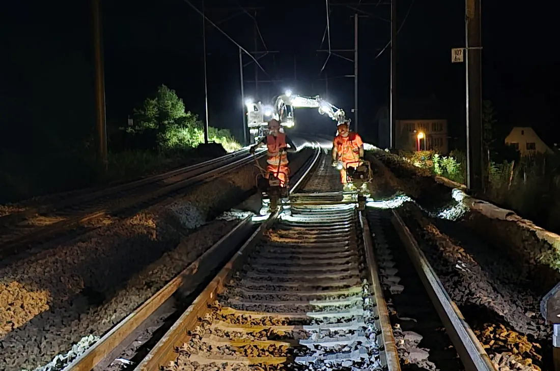 Agents de sécurité au travail de nuit sur le ballast