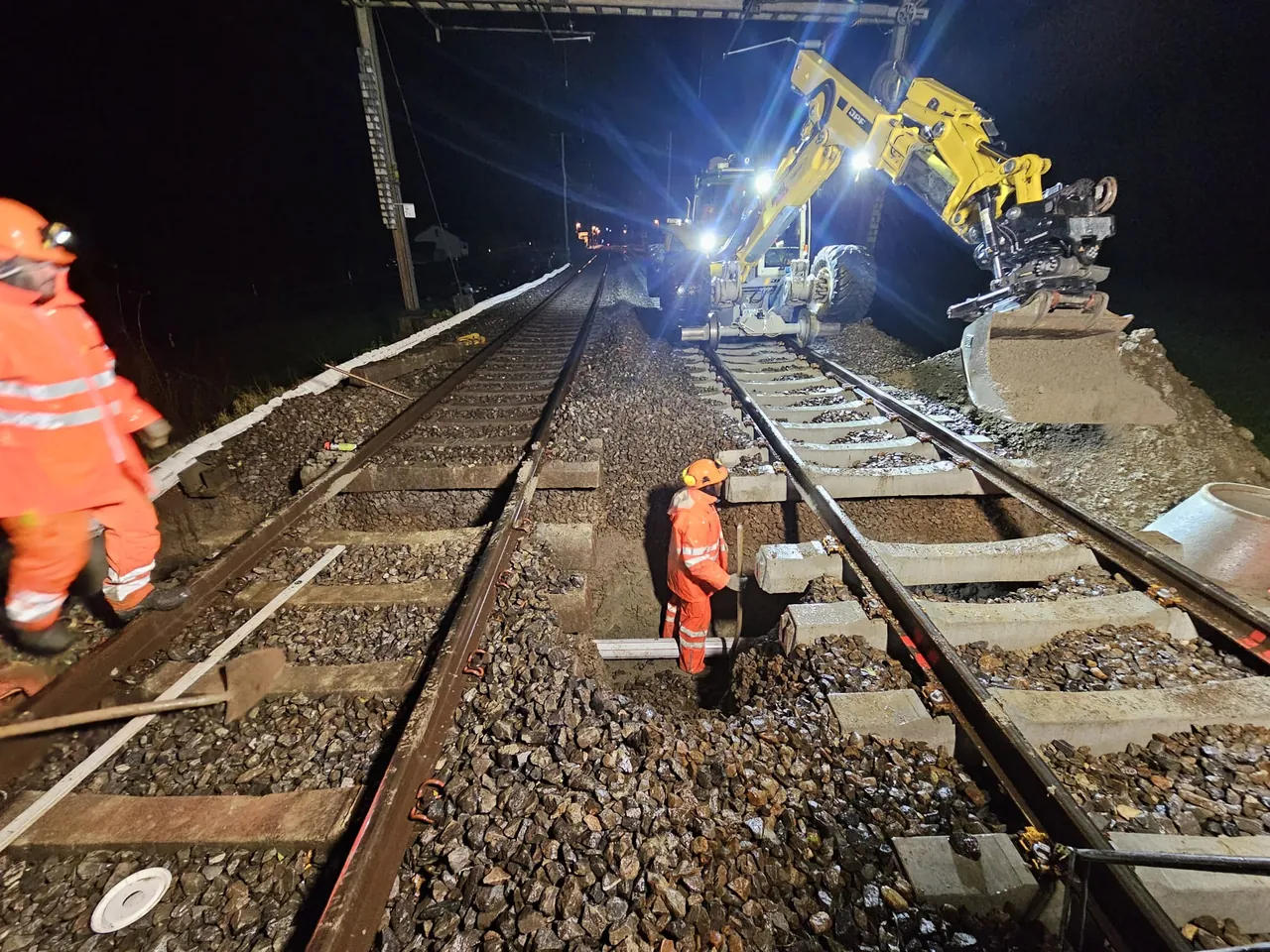 Agents de sécurité en gilet orange travaillant de nuit sur la voie